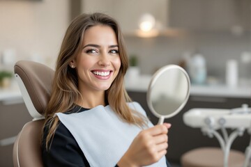 Woman in dental chair smiling and holding a mirror, modern clinic background, warm tones. Concept of dental care and satisfaction. Ai generative