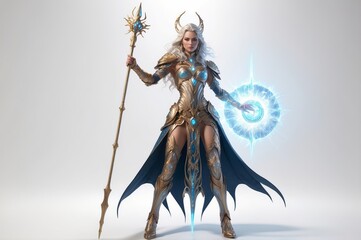 Powerful female warrior in fantasy armor wielding staff and energy shield.