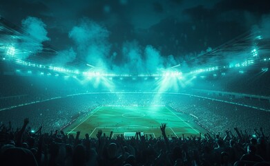 High Angle Establishing Shot: Stadium with Soccer Championship Match. Teams Play, Crowds of Fans Cheer. Football Cup Tournament. Sport Channel Television Concept, Screen Content. Wide Shot.