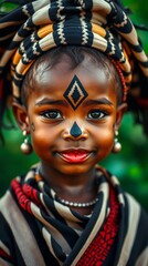 Young girl model with cheerful expression in tribal face paint and intricate headwrap against natural background