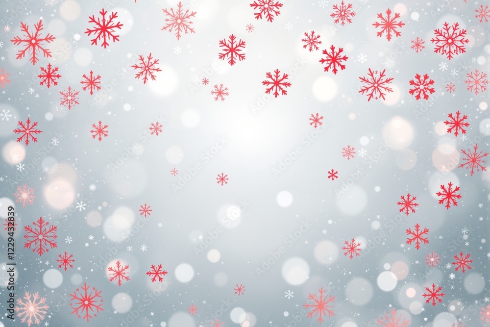 Poster red snowflakes scattered across a soft gradient light background with glowing bokeh effects, evoking