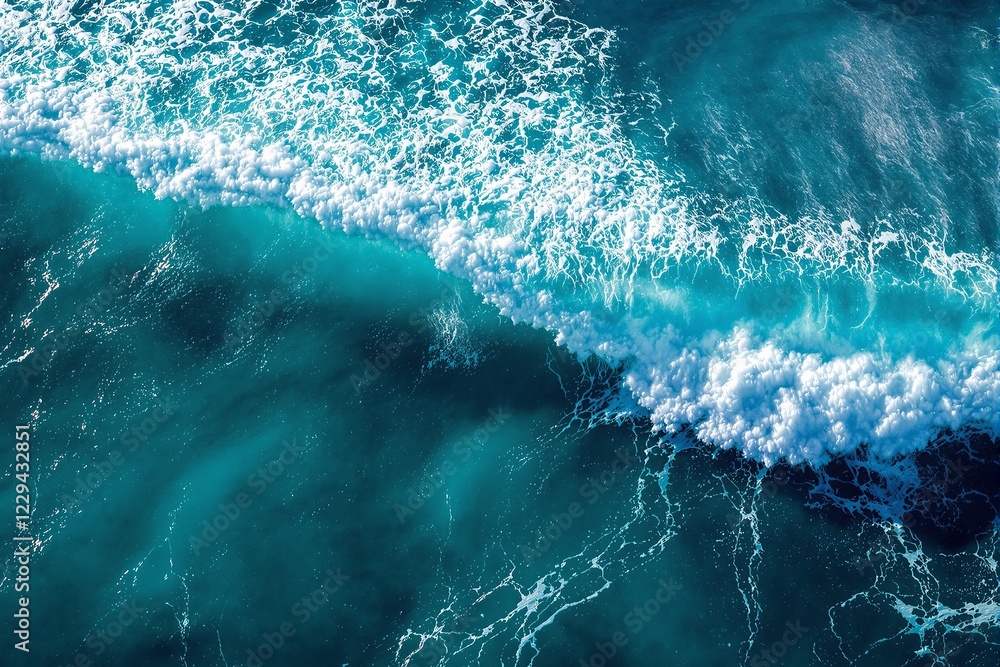 Poster aerial view of turquoise ocean waves crashing into white foam, creating dynamic patterns. bright nat