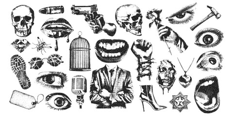 True crime retro elements with photocopy stipple effect for halftone collage art. Vector illustration of detective investigate board mystery elements. Footprint, suspect, evidence, pistole, hand, eyes