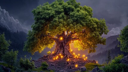 Majestic ancient tree illuminated by glowing orbs in a serene mountain landscape at dusk