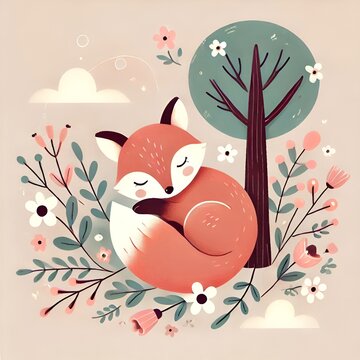 Charming vector illustration of a sleeping fox surrounded by flowers and trees
