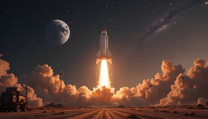 Obraz premium Rocket Ship in the Clouds and Space