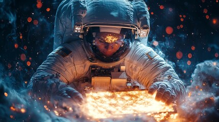 An astronaut exploring a vibrant cosmic scene while holding a radiant glowing panel surrounded by stars and nebulae
