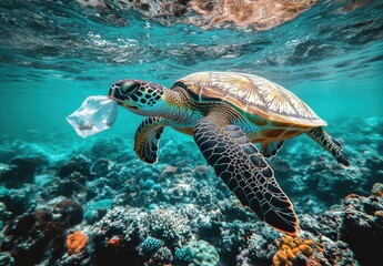 Fototapeta premium Turtle Swimming with Plastic Waste in Ocean, Marine Pollution, Environmental Awareness, Coral Reef Habitat, Underwater Photography