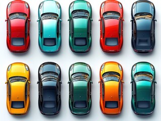 Colorful cars parked in rows on white background, aerial view for automotive design