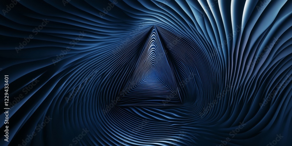 Poster a blue and white image of a spiral with a triangle in the middle. the spiral is very long and has a 