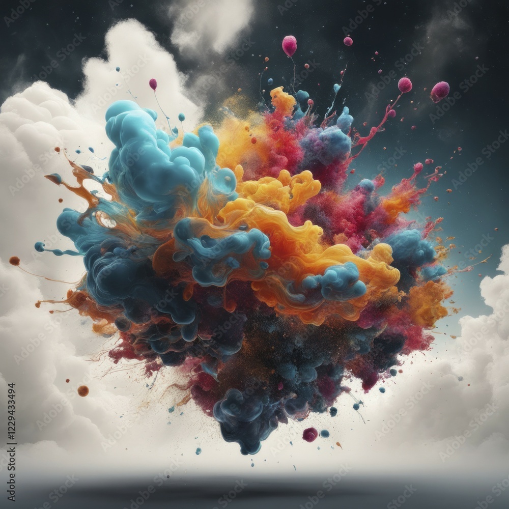 Poster dynamic explosion of colorful paint and smoke with clouds, creating a vibrant and bold effect, ai ge