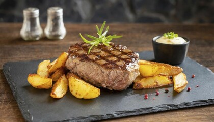 KI generated, A rump steak with fries served on a slate in the restaurant