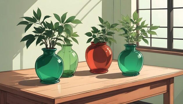 Una mesa de madera con jarrones de cristal verde y una maceta sobre un fondo brillante y minimalista