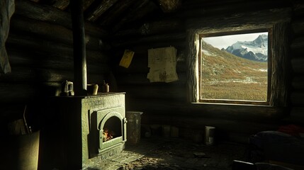 Mountain cabin interior, wood stove, autumn view