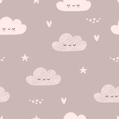 Seamless hand drawn vector pattern with cute cartoon clouds, heart and stars. Design for kids birthday card, wallpaper or fabric, baby shower invitation template.