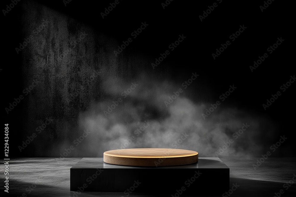 Poster circular wooden display stand illuminated by soft light with a smoky backdrop in a dark setting