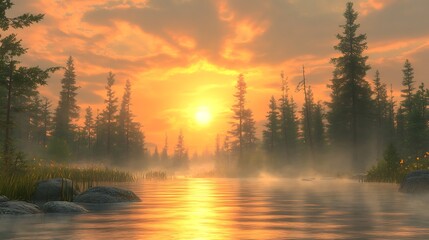 A serene lake at dawn, with mist rising off the water and the first light of day touching the trees.