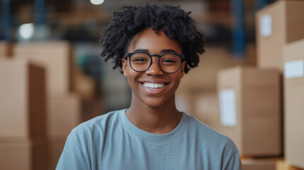 Smiling young person with glasses in warehouse surrounded by boxes.