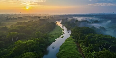 Aerial view of verdant green rainforest with meandering river and beautyful sunrise at the horizon, AI generated