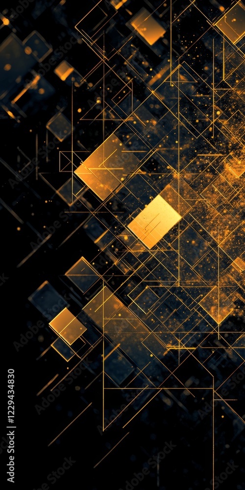 Poster dynamic abstract design featuring glowing golden squares and lines on a dark background, perfect for