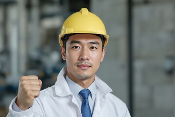 Engineer in yellow hard hat, white coat, and tie, showing determination with a fist gesture on an industrial background. Concept of professionalism. Ai generative.