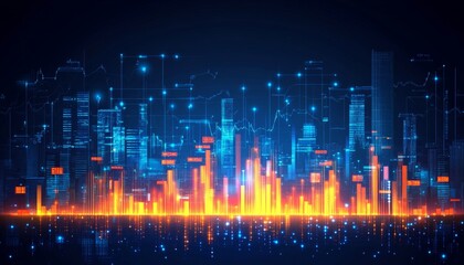 Fototapeta premium Abstract City Skyline with Glowing Charts and Graphs, Symbolizing Financial Market Growth
