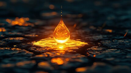 Drop of Water on Cracked Soil in Dramatic Light, Water drop on cracked earth, dramatic environmental lighting, symbolic drought concept, land due to water shortage