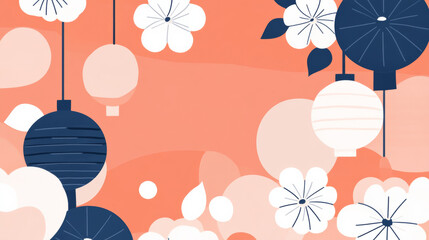 Festive lanterns and flowers on vibrant background