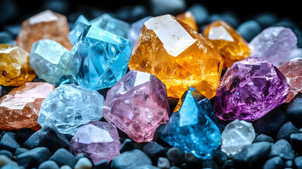 Colorful gemstones on dark rocks, close-up view.  Jewelry, geology,  nature background