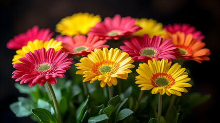 Obraz premium Colorful gerbera daisies bouquet, close-up, dark background, spring floral arrangement, for greeting cards