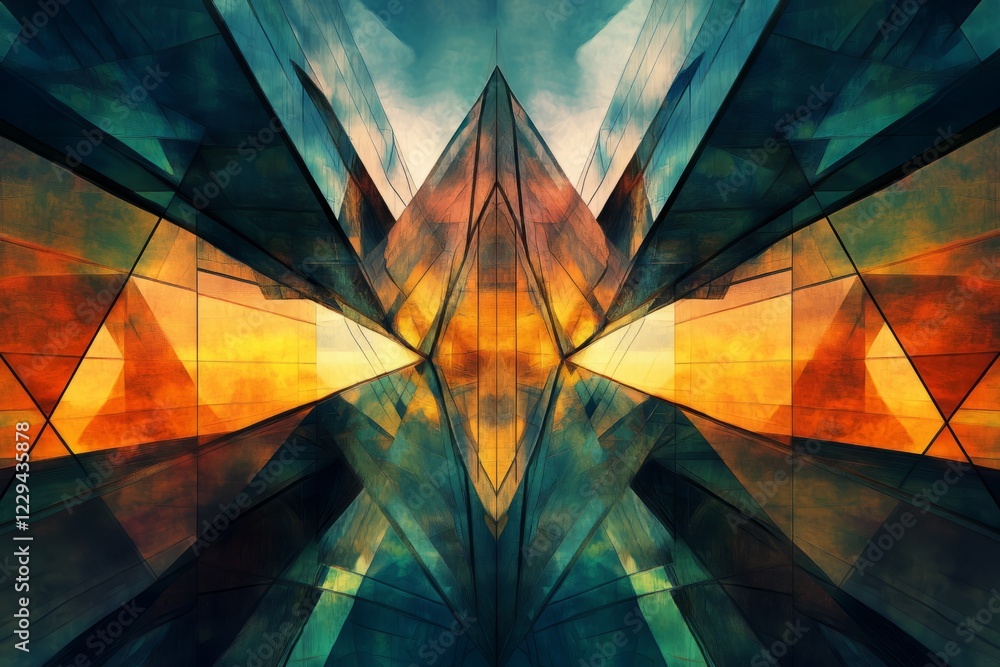 Poster dynamic abstract image showcasing colorful geometric architecture with reflections, creating a moder