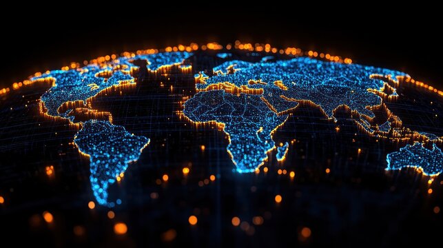 Global network glowing Earth map, dark background