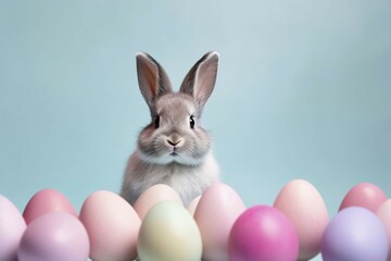 Fototapeta premium Bunny with pastel colored easter eggs. KI generiert, generiert AI generated