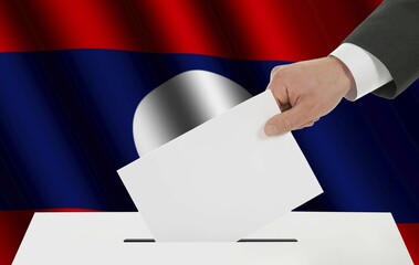 The Laotian flag and the hand with the bulletin about the ballot box