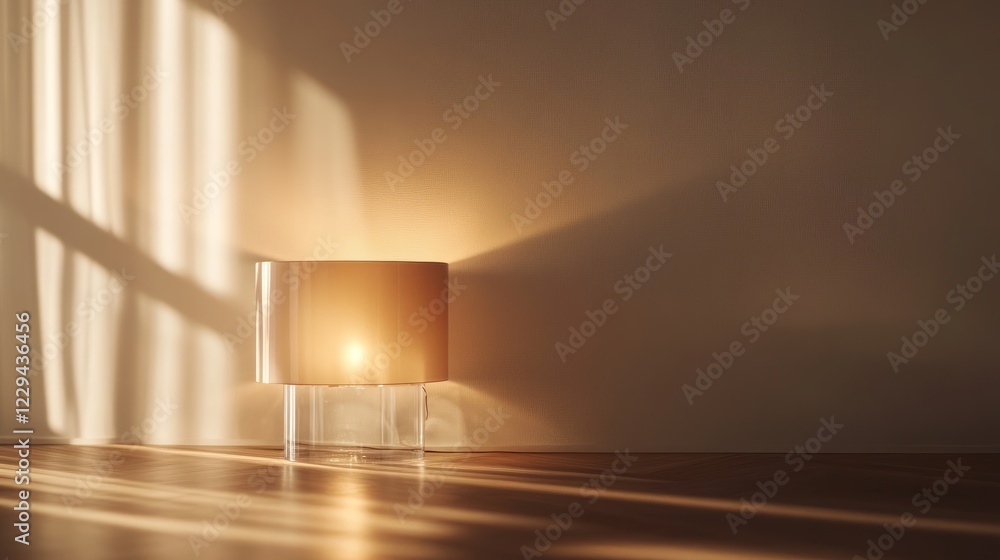 Poster a lamp is sitting on a wooden floor in front of a wall. the lamp is lit up and casting a shadow on t