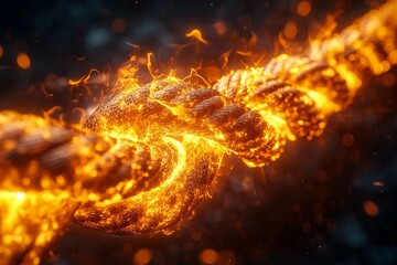 Intense glowing rope burning under extreme heat with fiery elements swirling around in a dramatic display