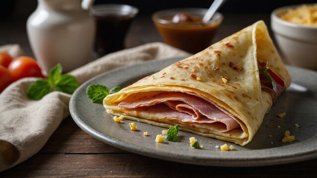 Close-up view of a realistic folded triangle crepe filled with ham and cheese on a plate