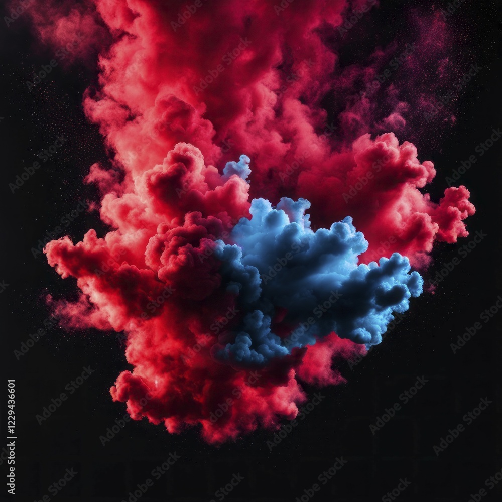 Poster vibrant abstract digital art with red and blue smoke clouds against a dark background creating a col