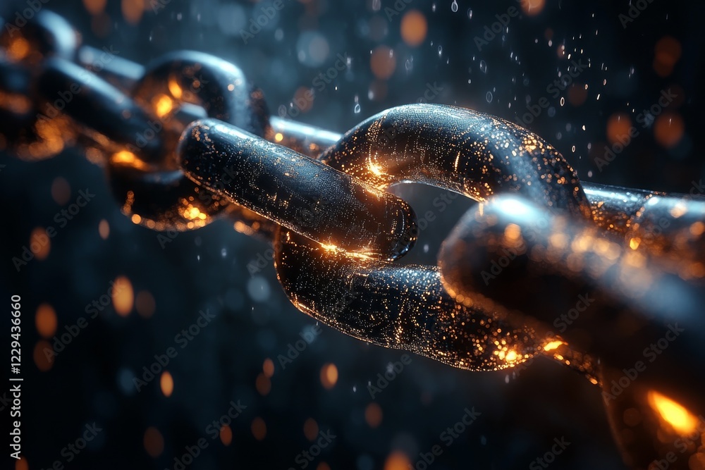 Poster close-up view of a glowing chain link with droplets reflecting light in a dark space
