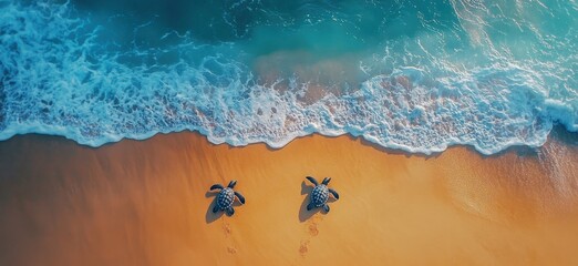 Fototapeta premium Two Sea Turtles Crawling on Sandy Beach with Gentle Waves in Background Under Bright Sunlight on Clear Day, Aerial View of Marine Life in Natural Habitat