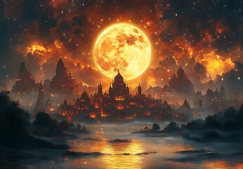 Fantasy Landscape with a Large Moon  Illuminated Temples  and a Fiery Sky Reflected in Water

