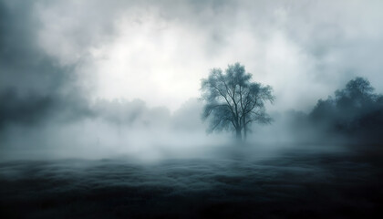 Mysterious tree in a foggy, moody landscape, evoking a sense of solitude and atmospheric beauty, with mist swirling around the bare branches.
