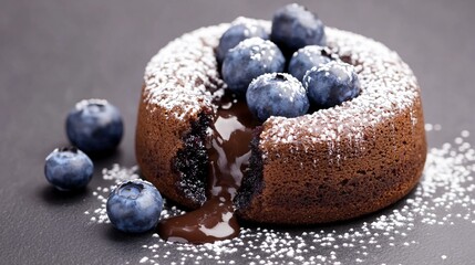 A lava cake with a rich chocolate center, topped with fresh blueberries and a dusting of powdered sugar, isolated on a slate gray background