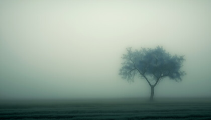 Fototapeta premium A lone tree stands silhouetted against a thick, mysterious fog, evoking a sense of isolation, solitude, and ethereal beauty, with the mist swirling around it like a ghostly shroud