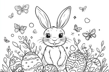 A cute Easter bunny coloring page, perfect for kids, featuring a joyful rabbit with decorated eggs and spring elements.

