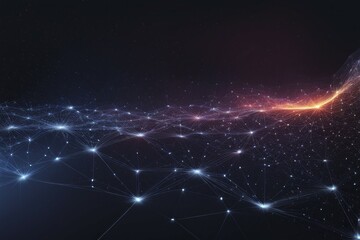 Obraz premium Digital network with glowing nodes and connecting lines in blue and orange hues on a dark backdrop, Fire Particles, AI generated