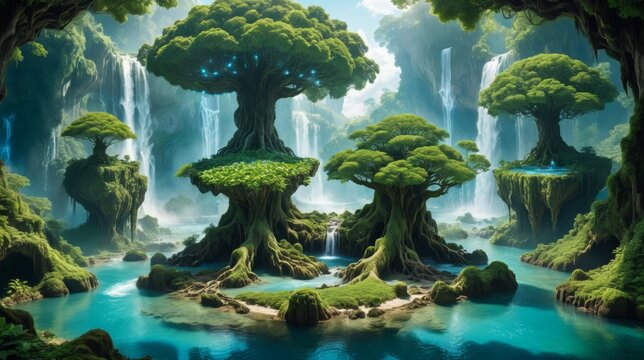 Enchanted forest with luminous ancient trees and tranquil water for International Earth Day