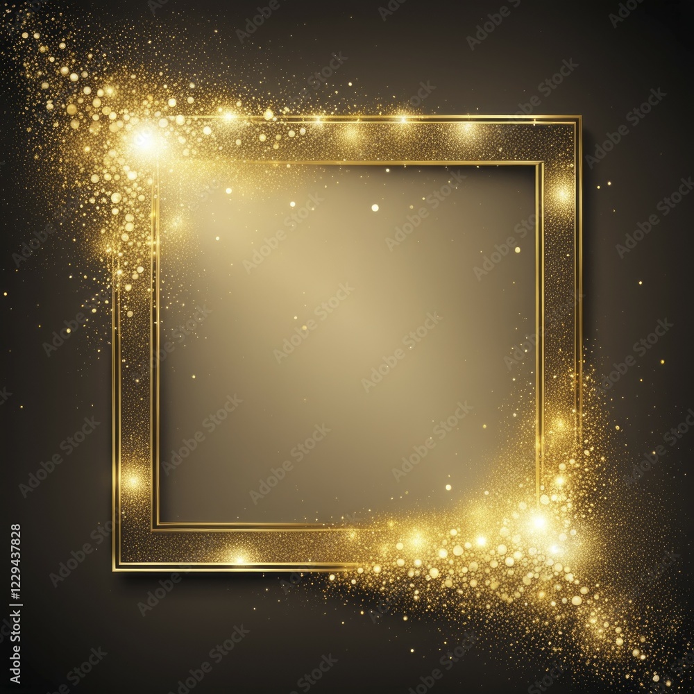 Poster golden square frame with sparkling glitter creating a glowing effect on a black background, ai gener