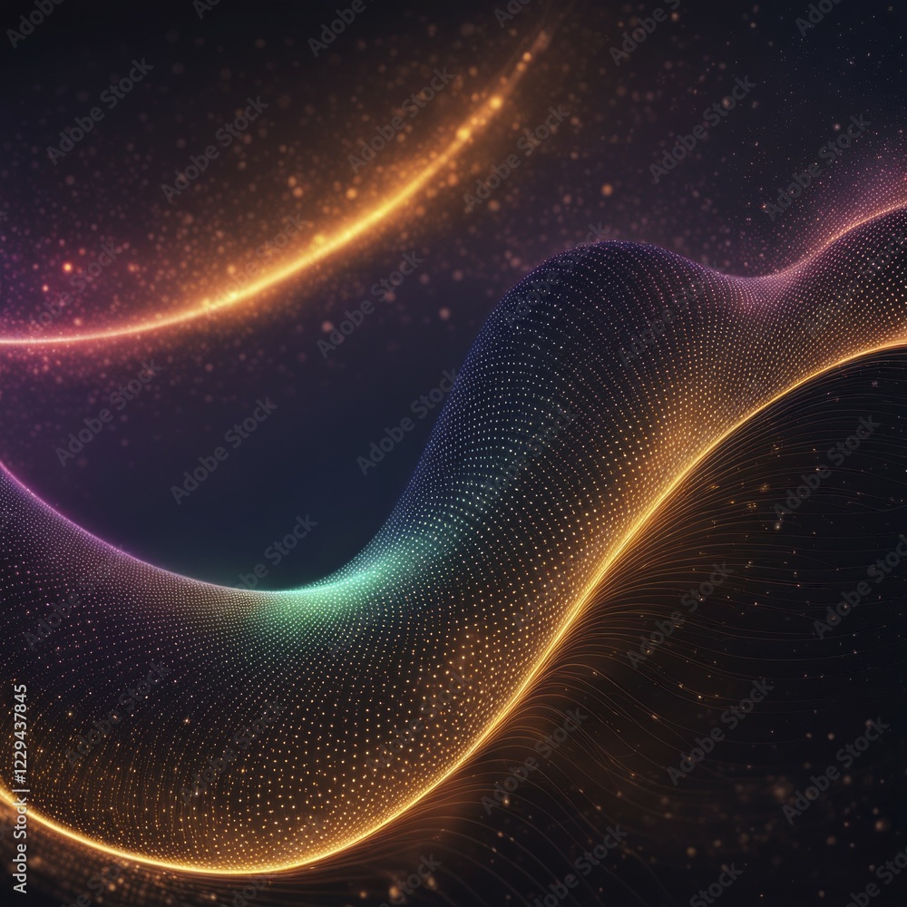 Poster wavy abstract digital art with neon colors and glowing particles, creating a dynamic and futuristic 
