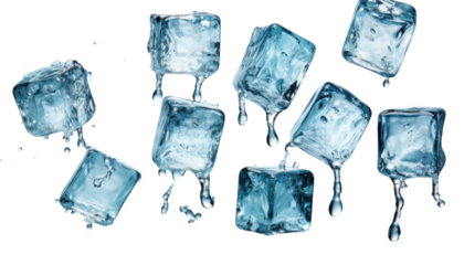 Set of flying melting ice cubes isolated on transparent background